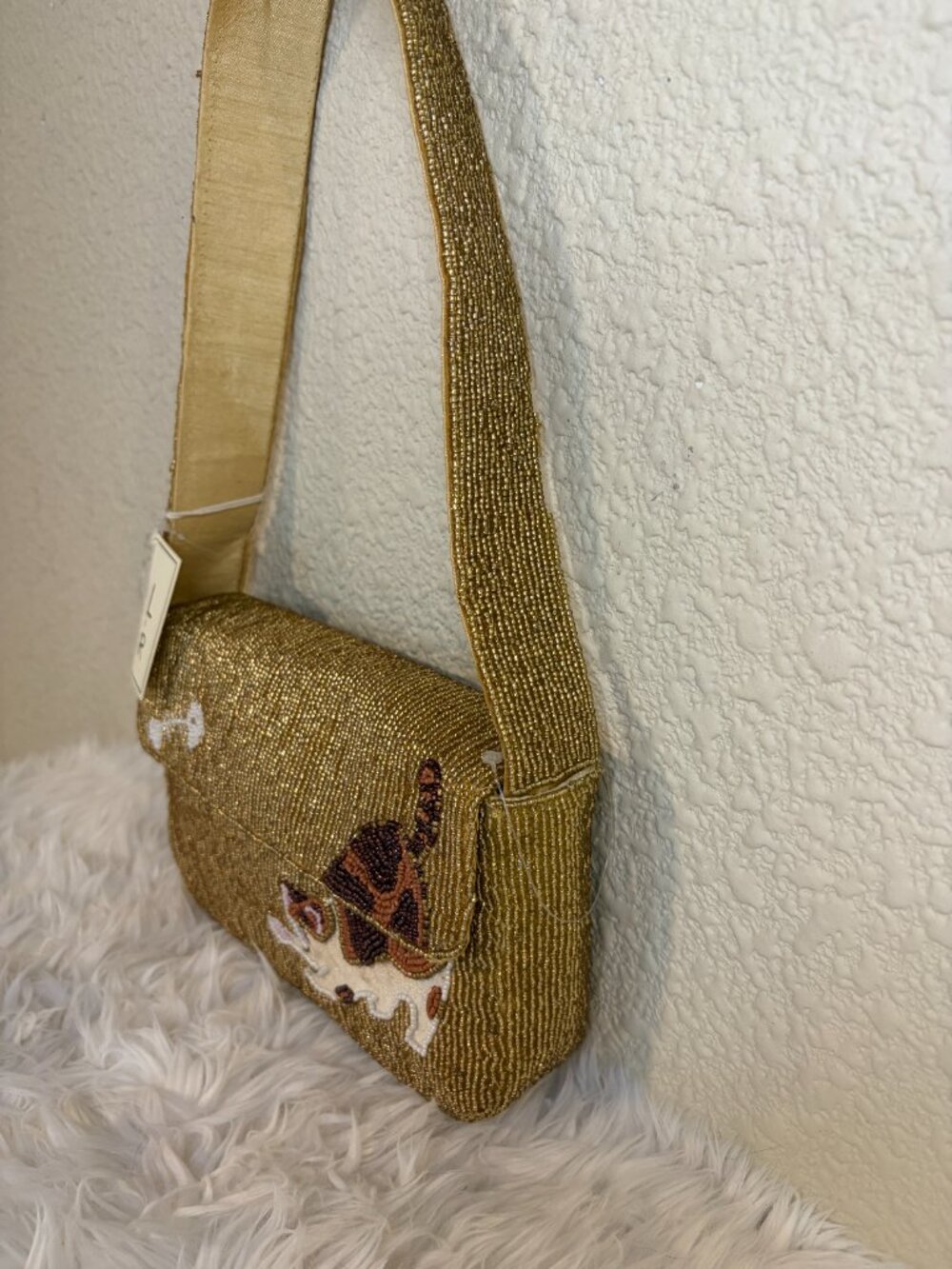 Viral Beaded Cat Gold Shoulder Bag Calico Kitty Fish Bone Novelty Purse NWT - Picture 4 of 7